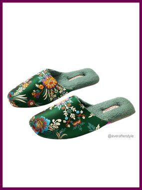 Silk Embroidered Satin Slide Slippers Anti-Slip Indoor Retro Floral